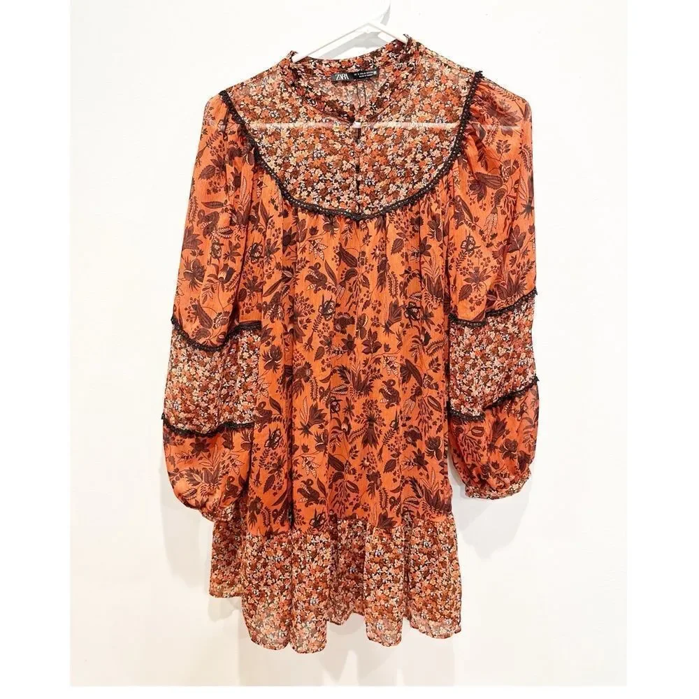 zara red boho dress Zara Ruffle Long Sleeve Open Back Floral Dress Size XS Red Boho Chic  Festival